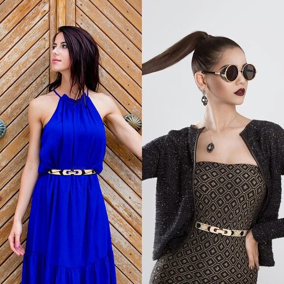 Women Dress Belt Elastic Waist Band Gold Buckle Stretch Polyester Formal Casual - Picture 5 of 6